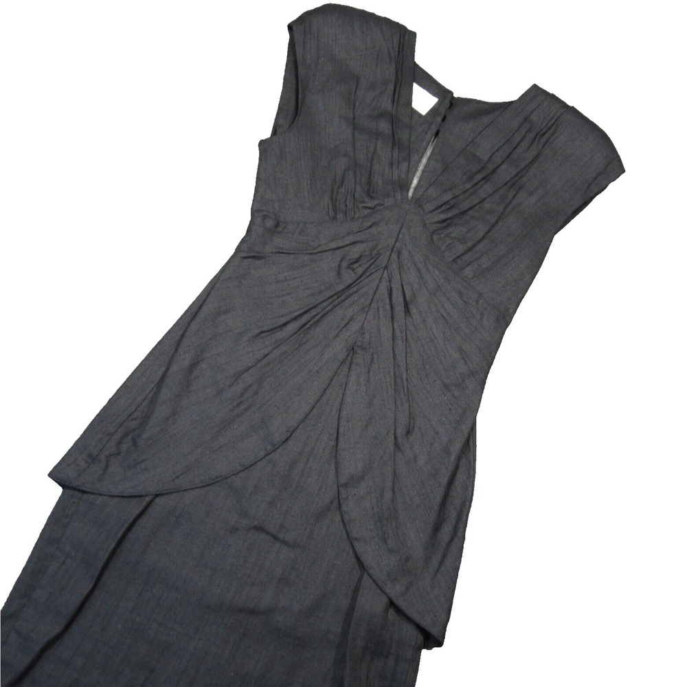 Vtg Barbara Barbara Linen Sheath Dress 8 Black Tulip Slit Cap Sleeve Evening 80s